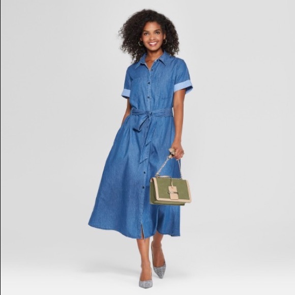 denim midi dress with sleeves